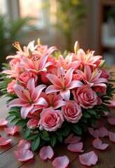 Fototapeta premium heart shaped floral arrangement vibrant pink lilies rose petals greenery wedding decoration expressive love gift, flower, bouquet, nature, blooming, beauty