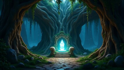 Fantasy forest portal with glowing crystal magical nature landscape
