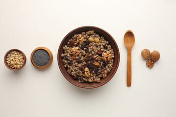 Traditional Christmas kutia. Kutya Ukrainian. Boiled wheat porridge. Slavic holiday ritual dish. Orthodox christmas