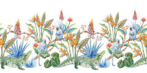 Horizontal Seamless watercolor pattern of tropical plants and monkeys, flowers, aloe, wild exotic blooms, and whimsical jungle vines. Perfect for wallpaper, textiles, and botanical-themed decor