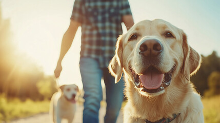 Labrador dogs playing with a man looking adorable and playful