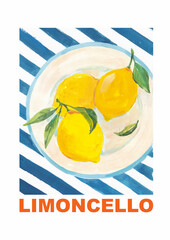 Plakat Trendy summer tropical poster featuring hand-painted lemons on a plate over a striped background. Rendered in bold acrylic style, this fresh and vibrant design is ideal for kitchen prints, packaging