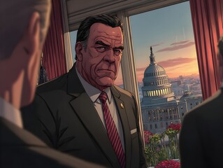 A stern politician stands overlooking the capitol building in Washington DC du a golden hour sunset.
