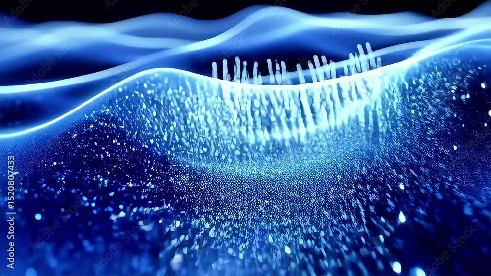 Poster abstract blue wave with luminescent pillars and particles