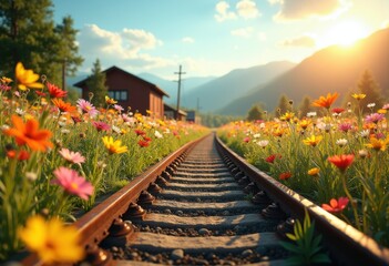 vintage train tracks surrounded colorful wildflowers picturesque nature setting, scenery, meadow, rail, landscape, crossing, rural, field, petal, blossom