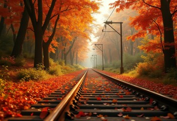 vintage train tracks surrounded colorful autumn foliage leaves scenic landscape, sunset, nature, pine, tree, forest, outdoors, path, route, copper, purple