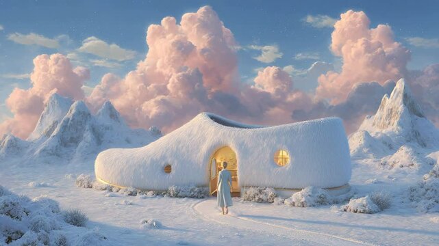 Woman in light blue dress approaches a large, fluffy white shoe house nestled in a snowy mountain landscape under a pastel pink sky. Dreamlike, surreal winter scene.