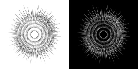 Dynamic abstract spiral sound wave rhythm lines. Circular spiral sound wave rhythm of lines. Circular futuristic abstract lines, black and white background.	
