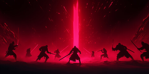 Dramatic Battle Scene in Intense Red Setting with Samurai Warriors