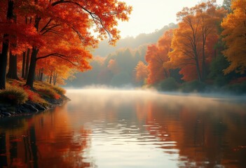 vivid autumn foliage reflections over tranquil lake shore colorful leaves scenic landscape, water, forest, tree, nature, fall, ripples, vista, panorama