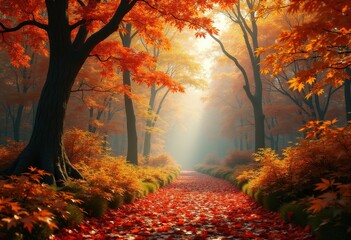 vivid autumn forest colorful foliage layers nature scene vibrant leaves fall seasonal landscape, trees, woods, scenery, bark, branches, pine, maple, ash