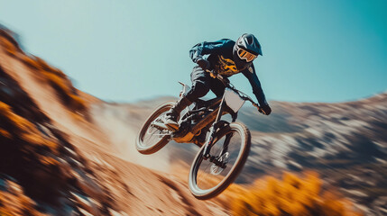 Mountain biker in full gear performing high jump on dirt trail
