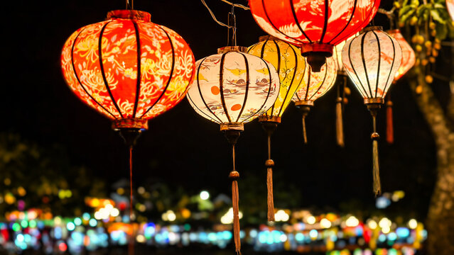Colorful Chinese lanterns glowing at night along the riverside in Hoi An, Vietnam. Traditional Asian decor, night cityscape, travel and culture concept. Romantic festive atmosphere.
