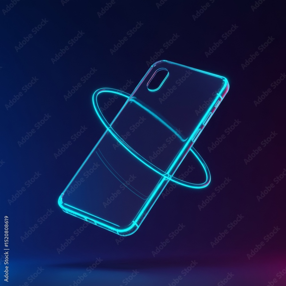 Aufkleber transparent smartphone model in vibrant neon lighting with orbiting light effect. modern phone desig