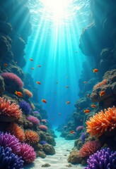 vivid coral reef underwater scene sunlight bright colorful marine life ocean ecosystem, fishes, sea, tropical, anemone, scuba, diving, seaweed, rock, depths