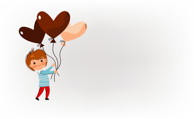 cute child holding heart shaped balloons. World Chocolate Day celebration. Sweet dessert and happy holiday concept.Cute  greeting card. Cartoon vector illustration.