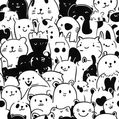 Cute Doodle Animal Seamless Pattern in Black and White (Bears & Friends)