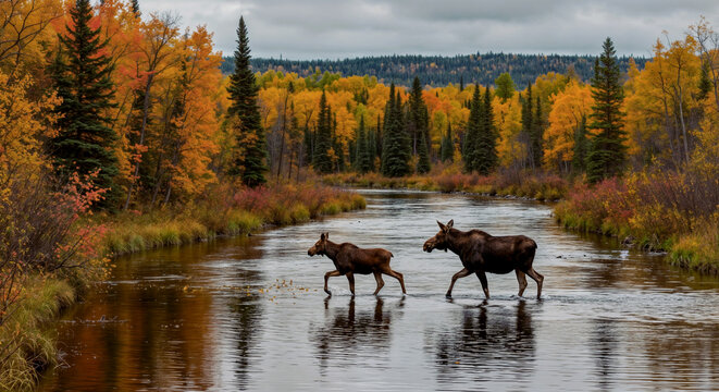 A moose (Alces alces) mother and calf crossing a river in autumn wilderness