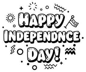 Fototapeta premium Happy Independence Day graphic design with playful typography and American themed elements. Bold text with whimsical design elements on a plain background.