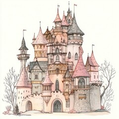 Fototapeta premium A Fairytale Castle in Soft Hues, Watercolor Illustration