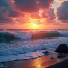 vivid sunset over crashing ocean waves dramatic seascape sky colors surf relaxation serenity, coastline, nature, beach, reflection, dusk, water, rocks, foam