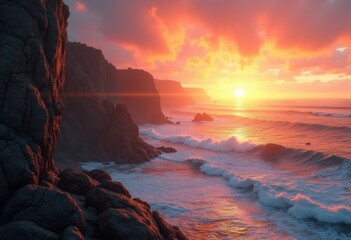vivid sunset over rocky coastal cliffs dramatic ocean view serene landscape sunrise colors wave action, sky, sea, shore, beach, mountain, dusk, evening, scenic