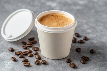 Takeaway coffee cup with lid and coffee beans