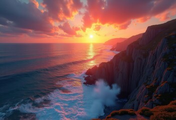 vivid sunset rocky ocean cliffs dramatic sky twilight coastal landscape seascape majestic horizon, dusk, view, beach, water, shore, nature, panorama, seaside