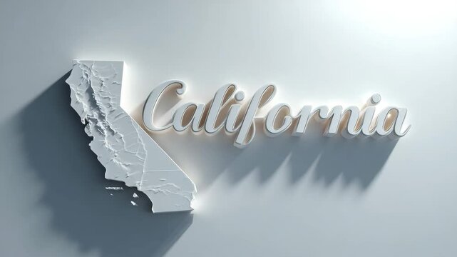 3D rendered California map and text against a white background. Soft lighting creates subtle shadows. Clean, minimalist design.