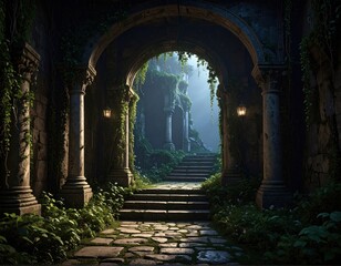 Ancient archway leading to overgrown ruins