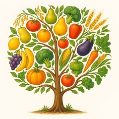 Tree Made of Fruits and Grains Representing Sustainable Eating. Generative AI