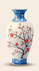 A large, brightly colored blue and white porcelain vase with a plum blossom pattern. 