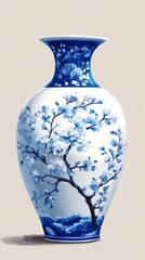A large, brightly colored blue and white porcelain vase with a plum blossom pattern. 
