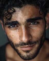 Obraz premium Close-up of a Middle Eastern man with prominent features and thick dark natural brows.