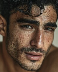 Obraz premium Close-up of a Middle Eastern man with prominent features and thick dark natural brows.