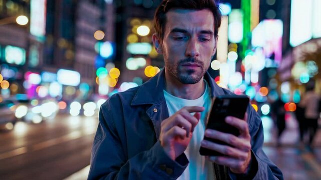 Man in City at Night with Neon Lights and Thoughtful Expression