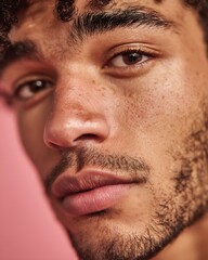 Obraz premium Close-up of a mixed-race man with pinkish fair skin and soft, naturally shaped eyebrows.