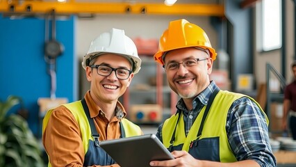 Smiling Industrial Workers Using Tablet Teamwork, Technology, and Manufacturing Success