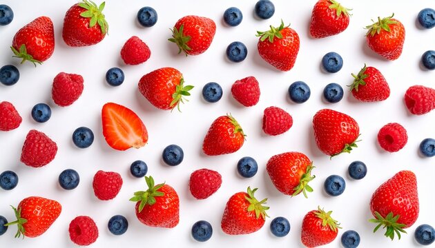 A vibrant flat lay of assorted fresh berries scattered on a clean white background. This top-down view of strawberries, blueberries, and raspberries represents a healthy, antioxidant-rich diet
