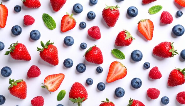 A vibrant flat lay of assorted fresh berries scattered on a clean white background. This top-down view of strawberries, blueberries, and raspberries represents a healthy, antioxidant-rich diet