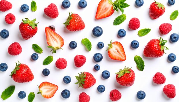 A vibrant flat lay of assorted fresh berries scattered on a clean white background. This top-down view of strawberries, blueberries, and raspberries represents a healthy, antioxidant-rich diet