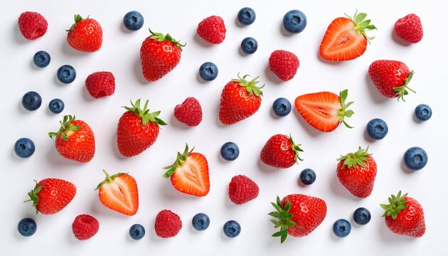 A vibrant flat lay of assorted fresh berries scattered on a clean white background. This top-down view of strawberries, blueberries, and raspberries represents a healthy, antioxidant-rich diet