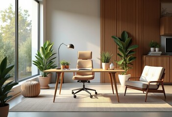 stylish home office potted succulents modern workspace clear desk plans design elegant decor comfortable atmosphere, plant, furniture, chair, shelf, light