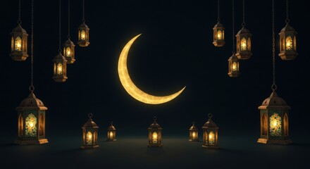 Ramadan lanterns illuminate the night sky.