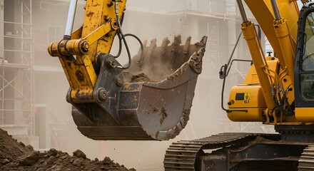 Powerful Excavator Bucket Digging Construction Site Action