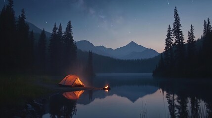 Beautiful night nature with fog, comfortable backpacking and camping scenery with bonfires and tents in mountains and valley lakes in deep forests, and wood fires burning in an emotional atmosphere. 