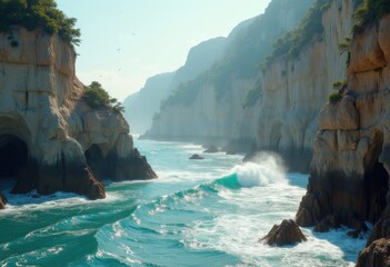 weathered coastal cliffs eroded ocean waves formation rocky shore natural landscape, sea, erosion, beach, bluff, driftwood, craggy, tide, highland, view, panel