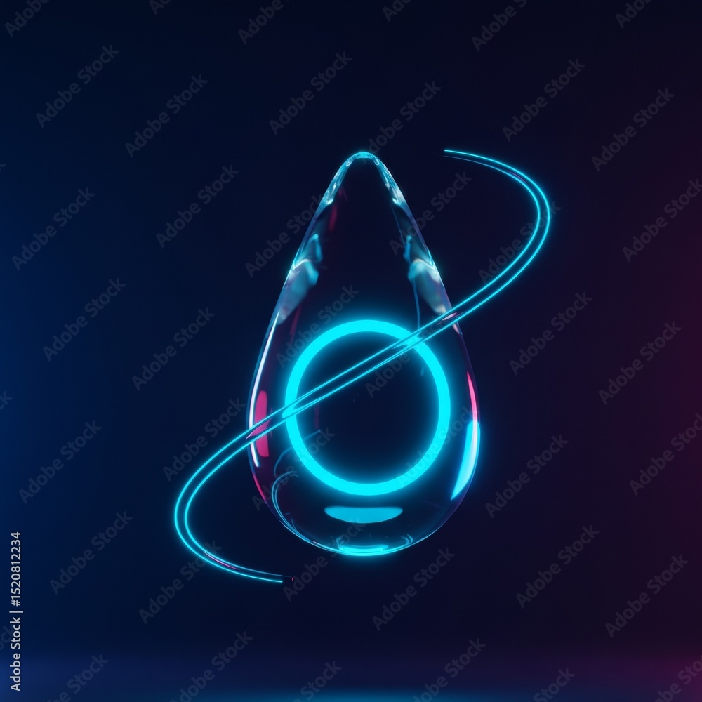 Aufkleber abstract teardrop-shaped object with glowing neon blue circle orbiting it in dark studio setting. fu
