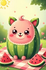 Naklejka premium MelonPet: Watermelon-Themed Kawaii on a Sunny Picnic