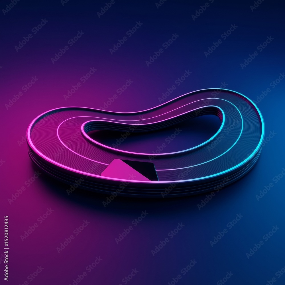 Poster Abstract, futuristic curved track with vibrant neon lighting. Dynamic, technological track design in a modern studio setting.